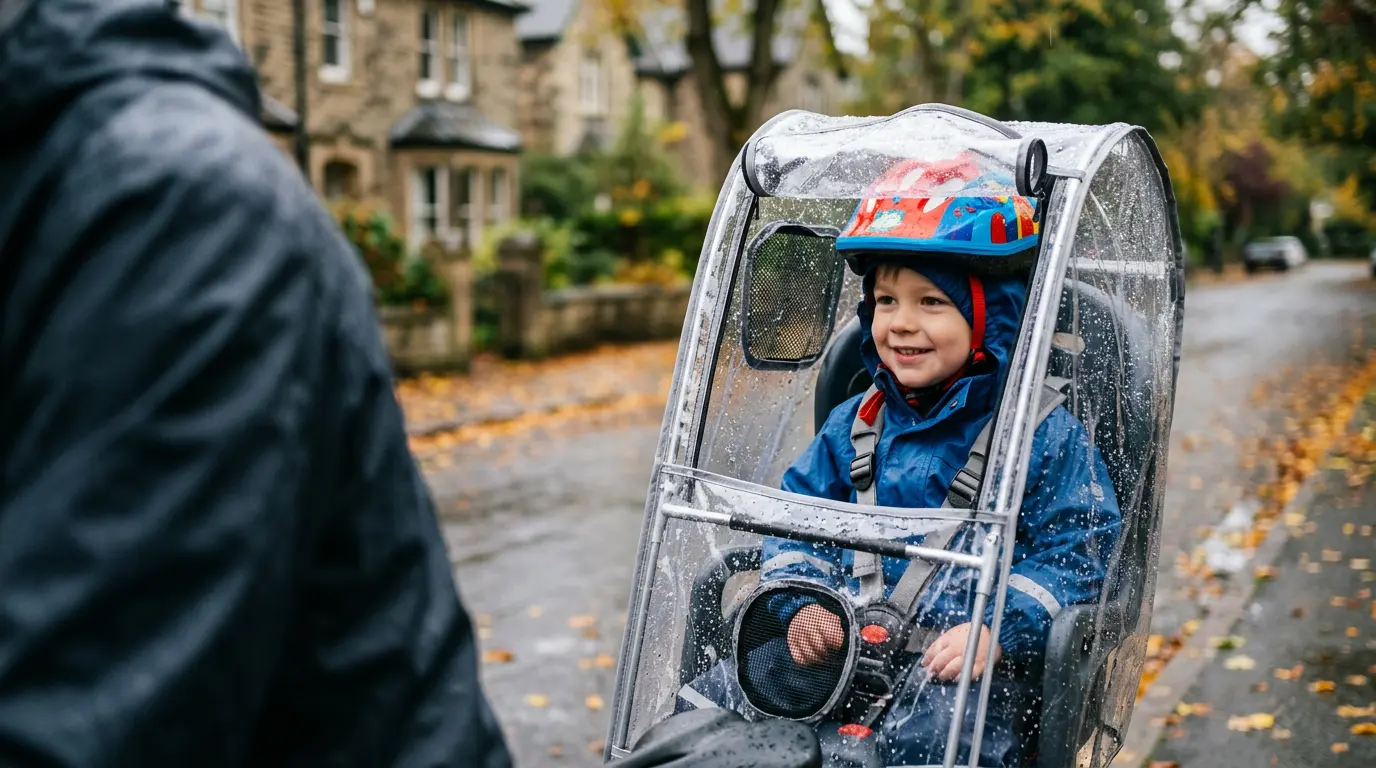Faire du vélo en famille sous la pluie sans que l’enfant finisse trempé